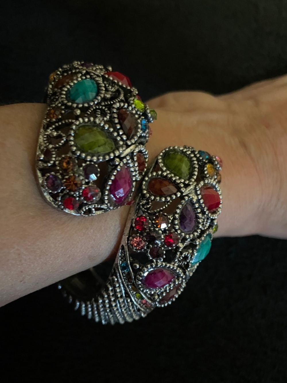 Vintage Ornate Silver Tone Filigree Cuff Bracelet - Vibrant Rhinestone Accents